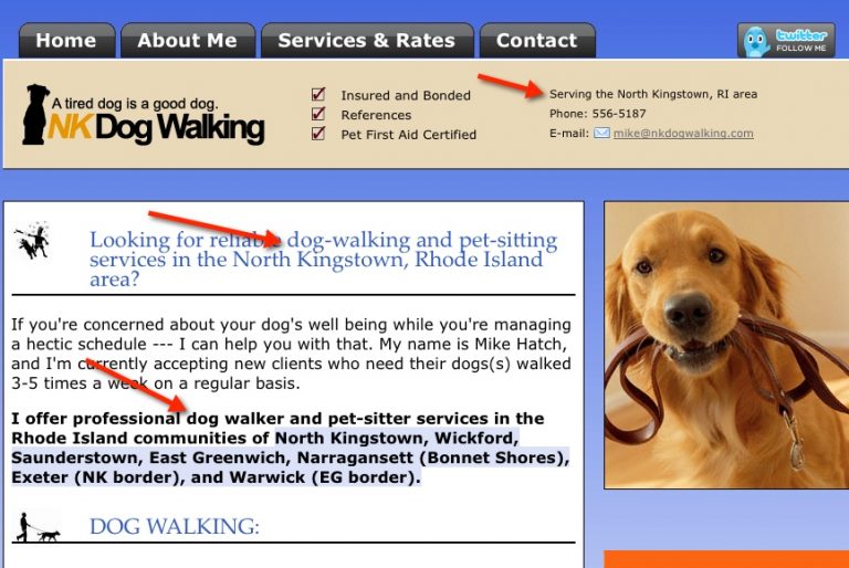 Dog walker Kingston RI local pet business web content