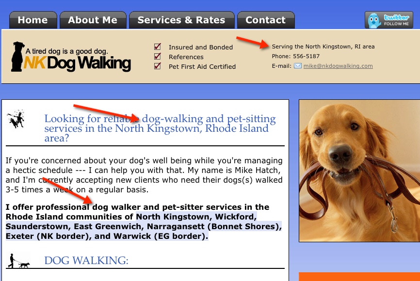 Dog walker Kingston RI local pet business web content